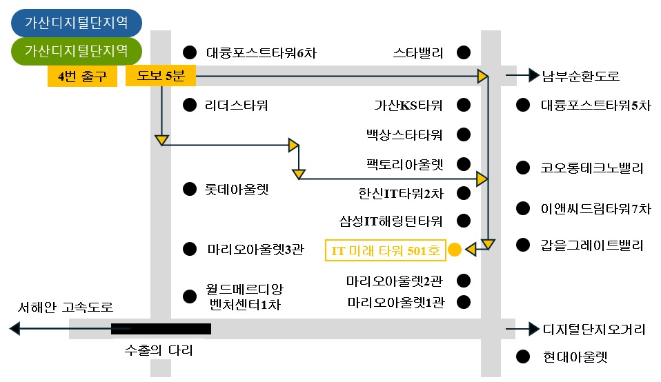 이씨제어 약도
						. 가산디지털단지역 1호선, 7호선에서 하차 → 4번 출구